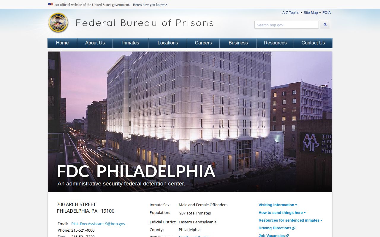 Federal Detention Center Philadelphia official facility release information