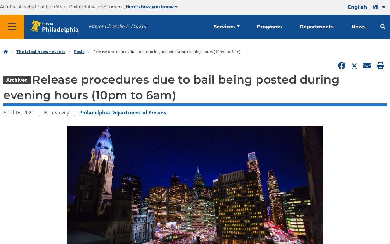 Philadelphia County nighttime bail release procedure